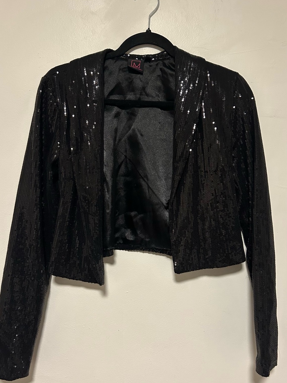 Sequin Open-Front Cropped Jacket with matching pants set- Black